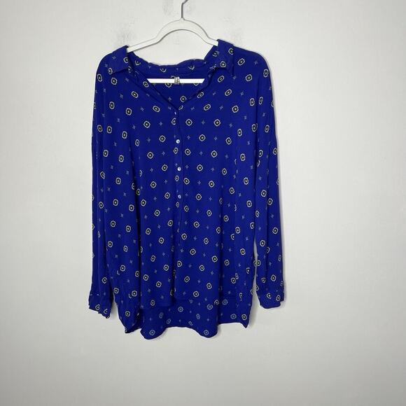 Free People Top Womens Large Blue Collared Button Up Office Career Flowy - Picture 5 of 12